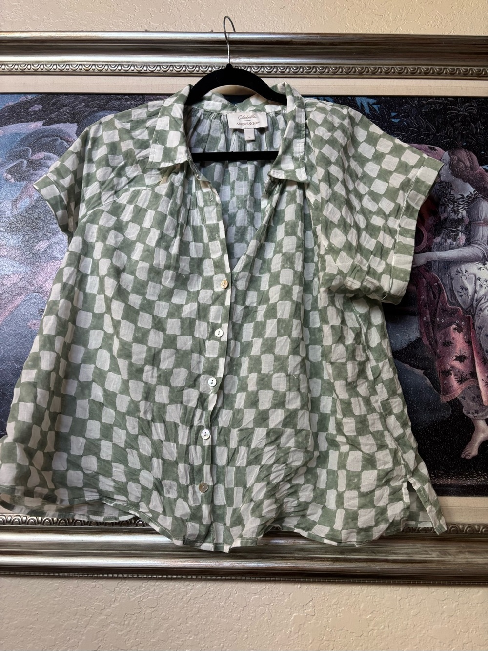 Light Green Check Cotton  Short Sleeve Shirt -